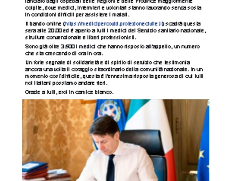 Coronavirus: Conte, grazie a medici eroi