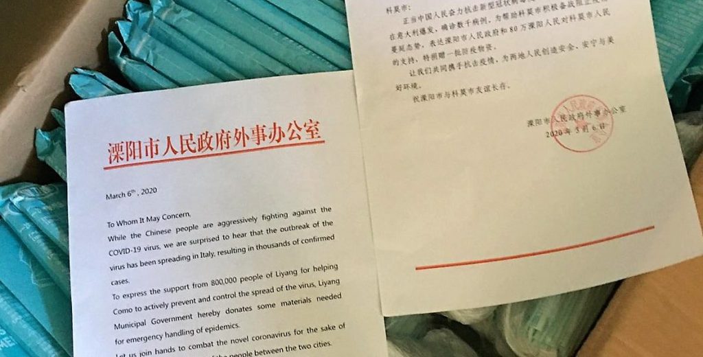 Patto di amicizia Como-Liyang: donate alla città 2000 mascherine protettive