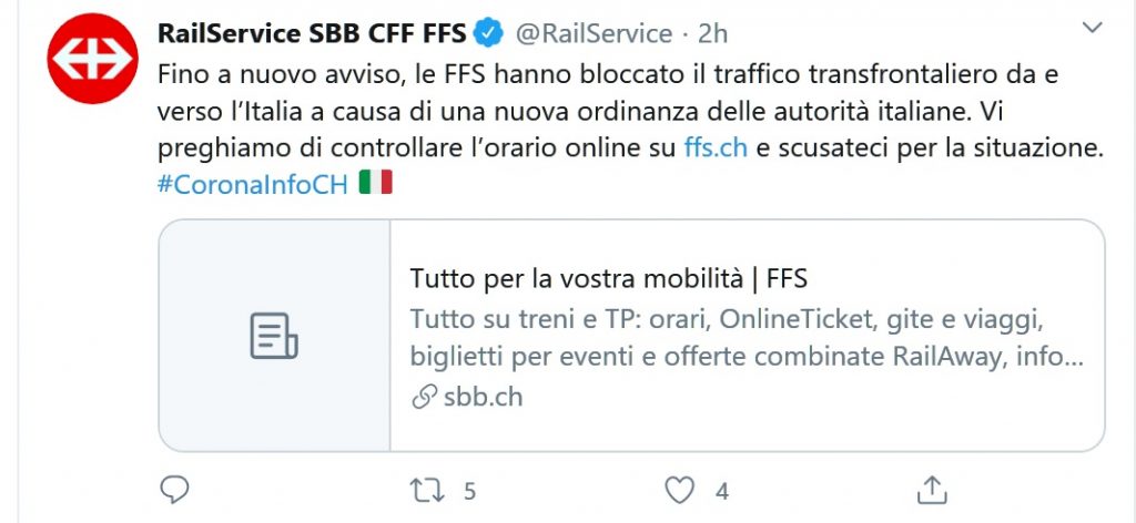 Le Ferrovie svizzere bloccano i treni passeggeri da e per l’Italia