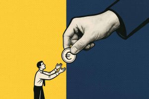 Illustrazione mano dello stato che da moneta euro a omino