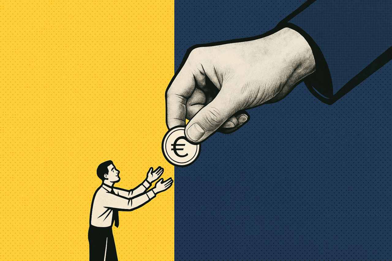 Illustrazione mano dello stato che da moneta euro a omino