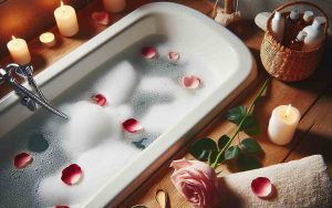 Vasca da bagno elegante con petali e candele