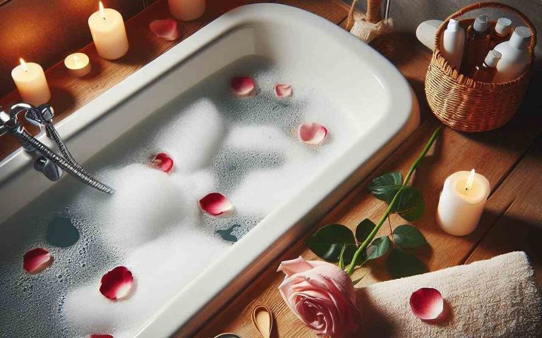 Vasca da bagno elegante con petali e candele