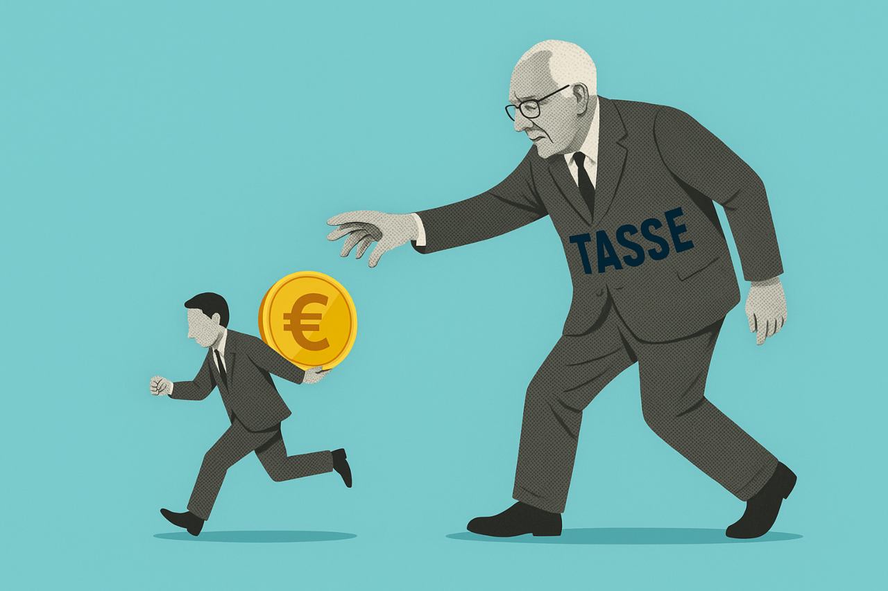 Illustrazione anziano con la scritta tasse sulla giacca che insegue omino piccolo per prendergli la moneta con il simbolo euro