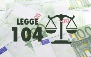 Banconote da 100€ sullo sfondo e scritta "Legge 104" in primo piano