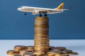 Aereo giocattolo sopra pila di monete